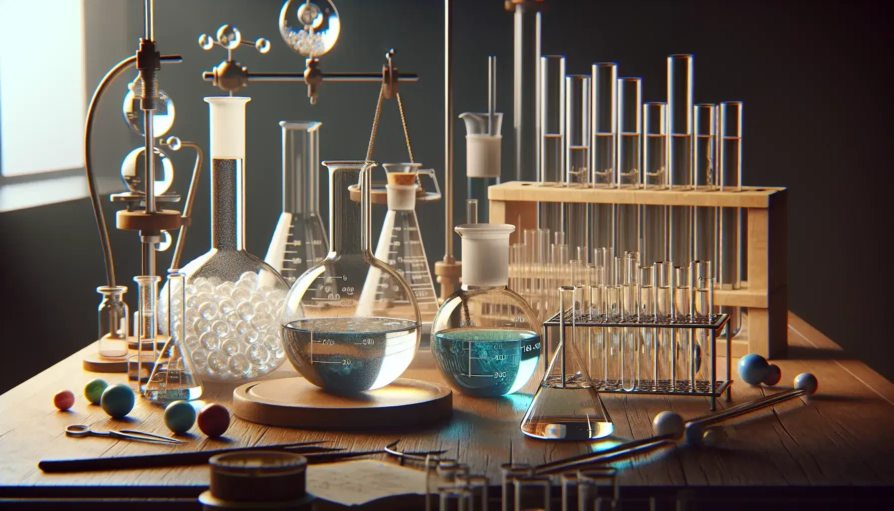 Chemical laboratory with assorted glassware: round bottom flask, beaker with blue solution, graduated cylinder, Petri dish with crystals and colored test tubes.
