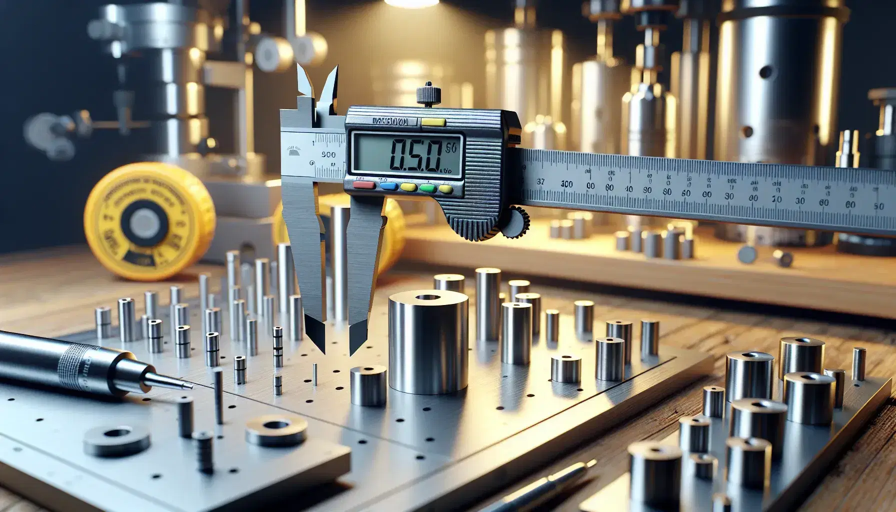 Laboratorio di metrologia con calibro digitale in acciaio inox che misura un cilindro metallico, tavolo con blocchi di riferimento e metro a nastro giallo.