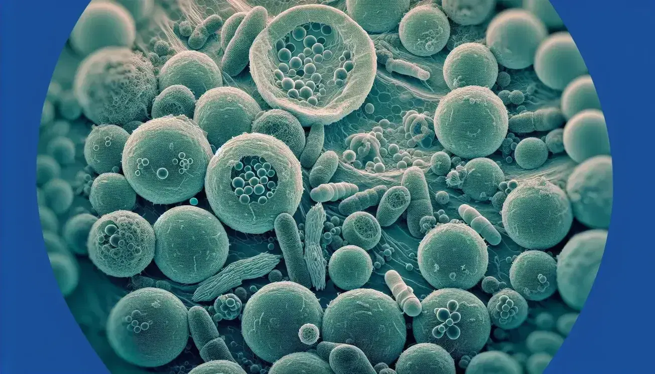 Vista microscópica de células redondeadas con membranas y orgánulos variados en tonos de verde y azul, destacando núcleos centrales y partículas extracelulares.