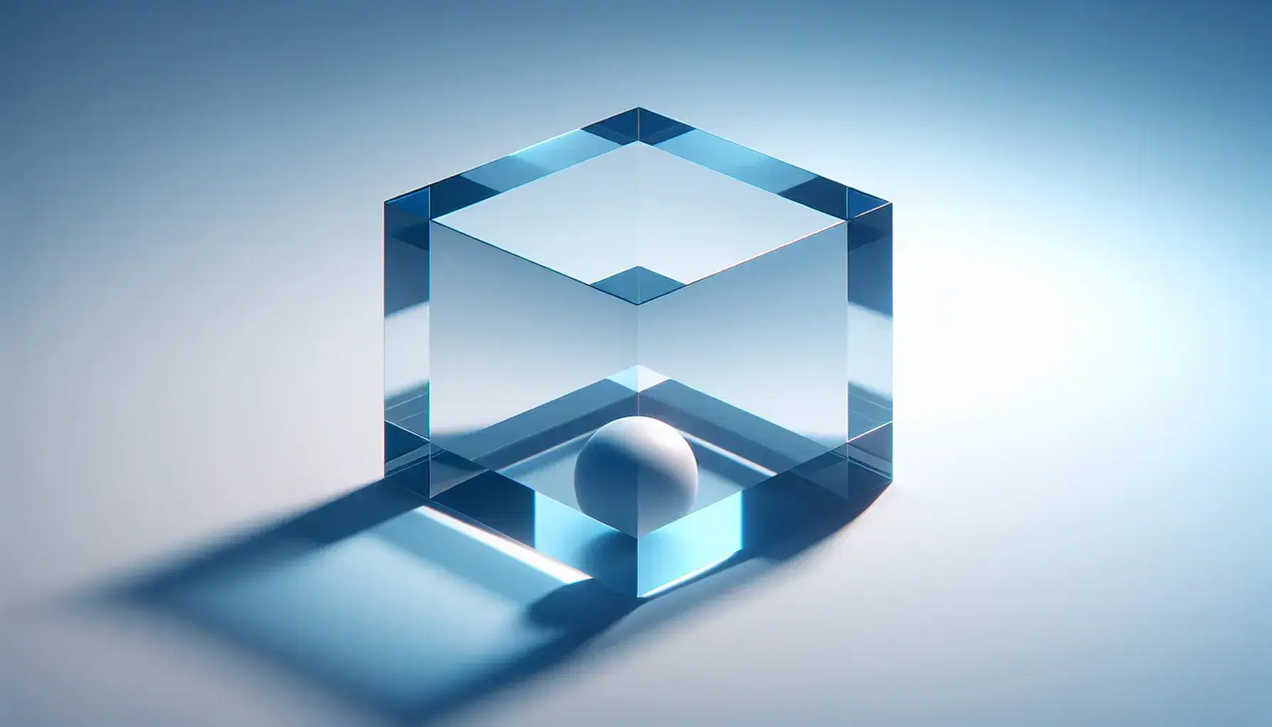 Transparent blue cube with a red sphere inside casting a square and elongated circular shadow on a white surface, against a gradient background.