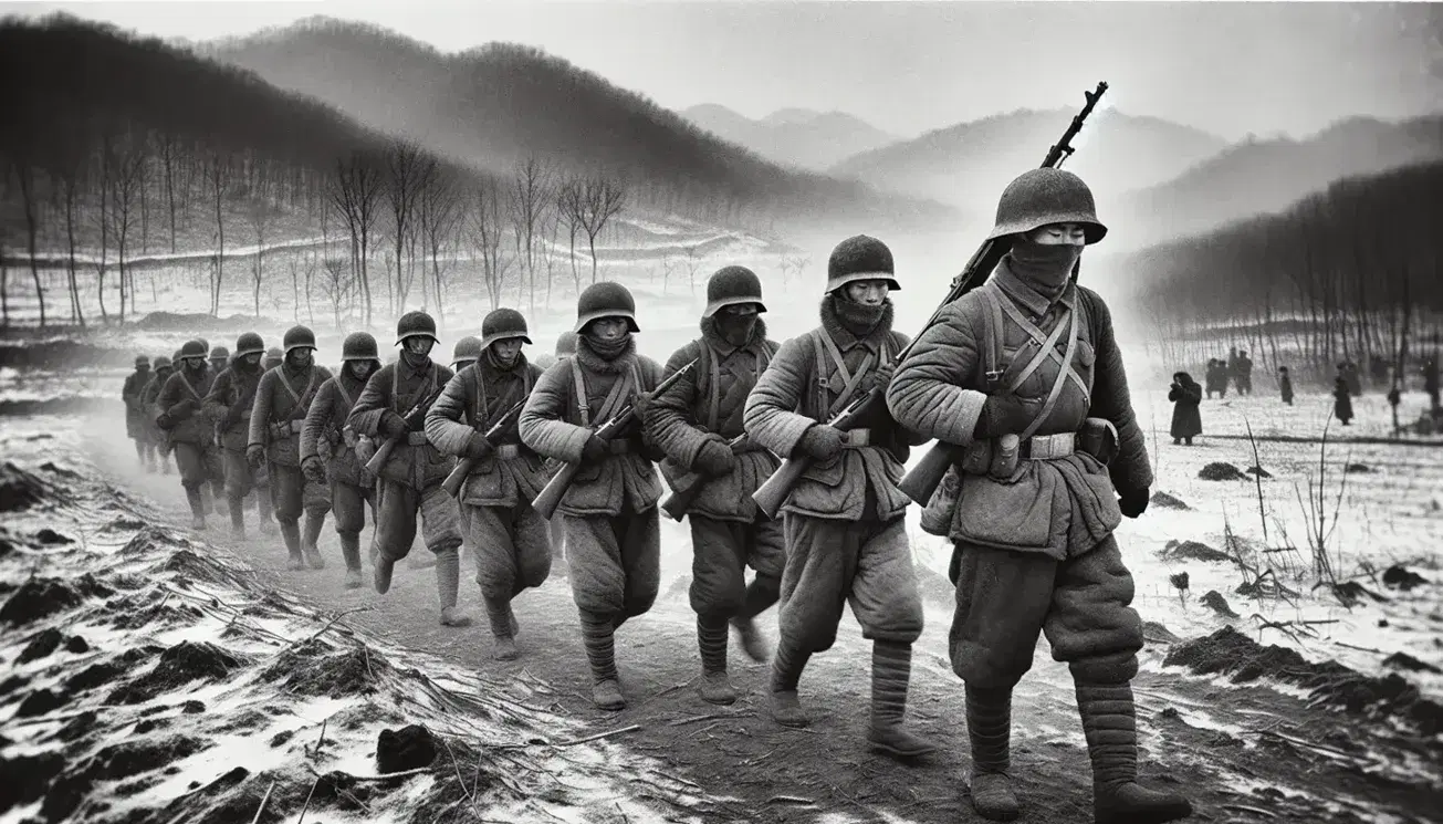 Chinese People's Volunteer Army soldiers march in winter gear through rugged terrain during the Korean War, with visible breath in cold air.
