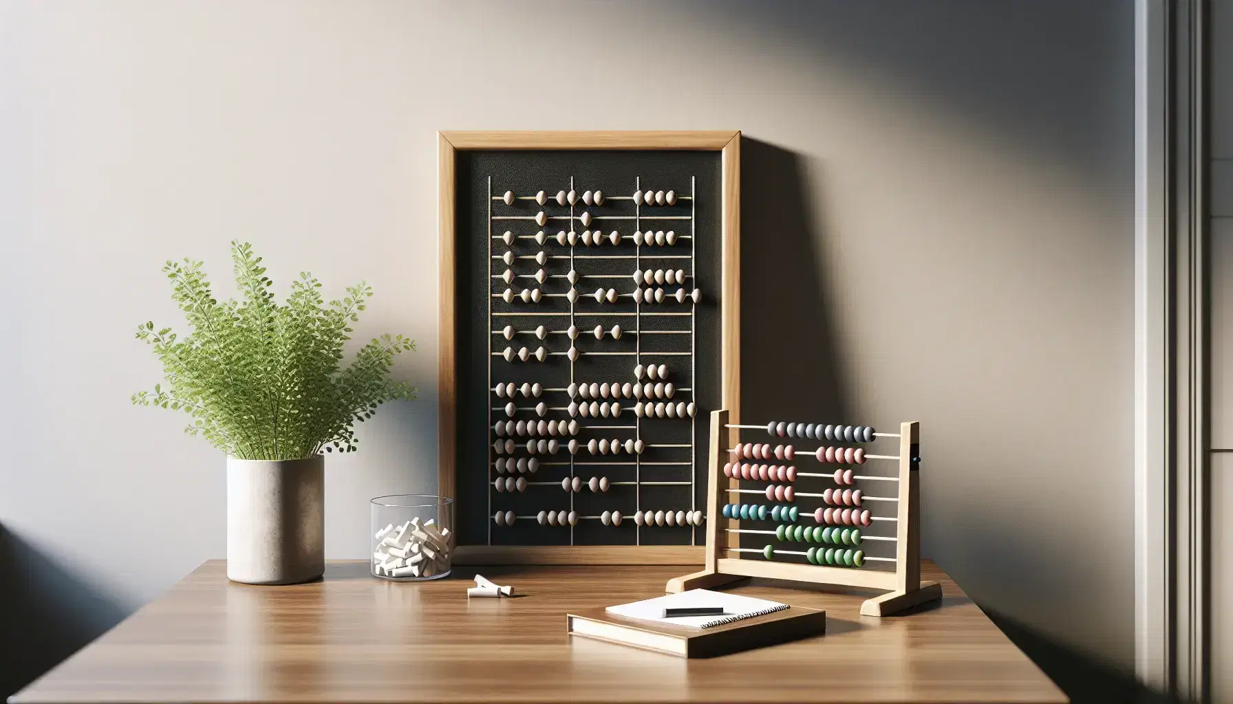 Wooden desk with a blackboard featuring a chalk grid, a container of white chalk, a colorful abacus, and a vibrant potted plant in a bright room.