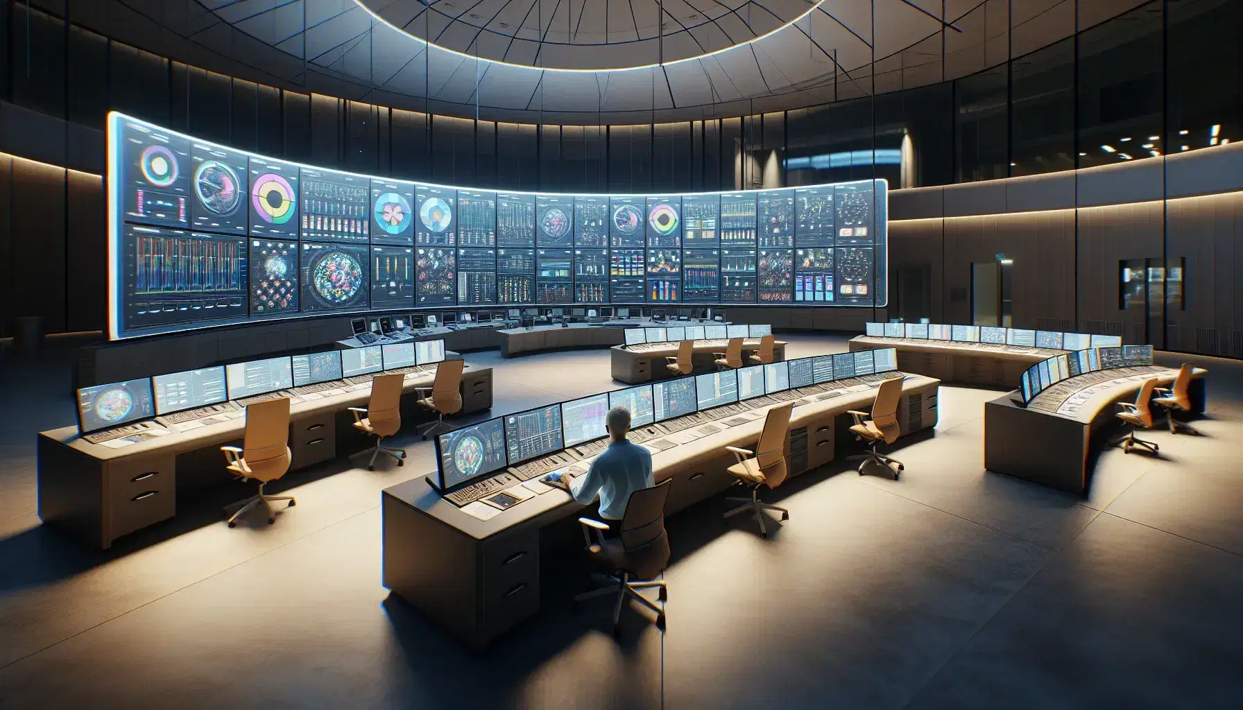 Sala de control de operaciones con pantallas mostrando gráficos, persona de espaldas operando un dispositivo y pantalla grande con dashboard.