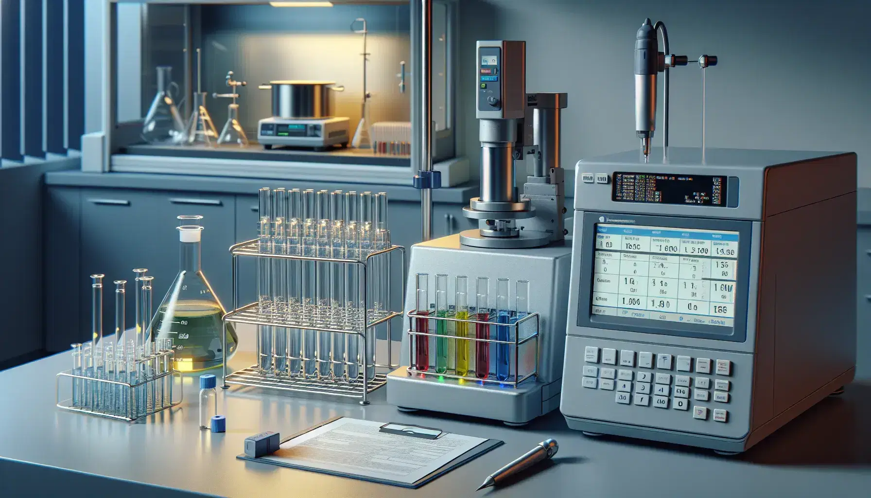 Laboratorio de química analítica con espectrofotómetro, tubos de ensayo de colores en gradilla, balanza analítica digital y pipeta automática.