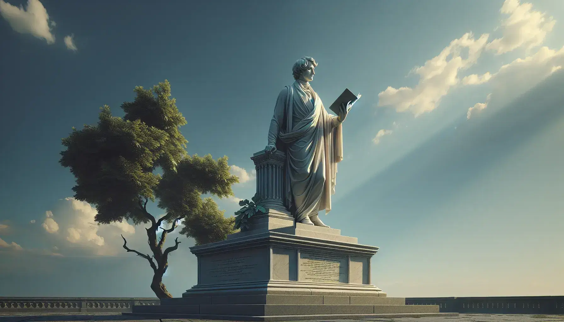 Statua in marmo di personaggio storico in abiti del XIX secolo, con mano su libro e altra alzata, sotto cielo azzurro con nuvole.