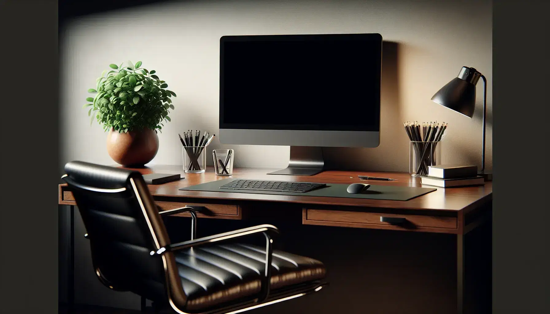 Tidy office with dark wooden desk, turned off modern computer, green plant in terracotta pot and black leather chair.