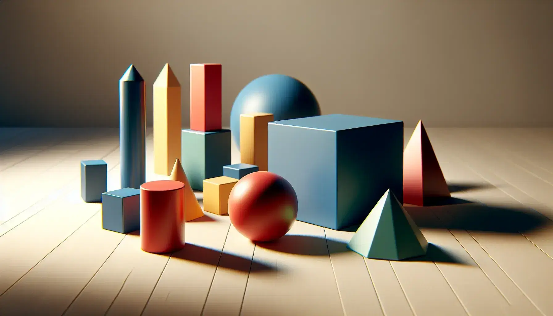 Figuras geométricas tridimensionales en mesa de madera, con cubo azul, cilindro rojo, pirámide amarilla, esfera verde y cono naranja.