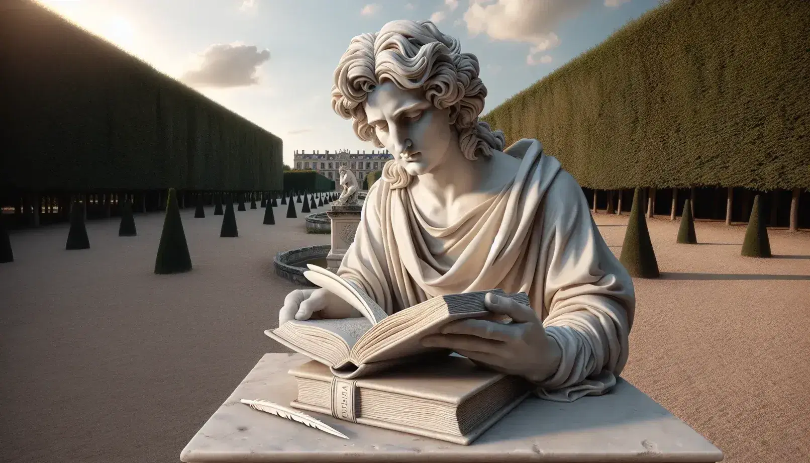 Statua marmorea di poeta anonimo con libro aperto e giardino rinascimentale sfocato sullo sfondo, penna e foglio in primo piano.