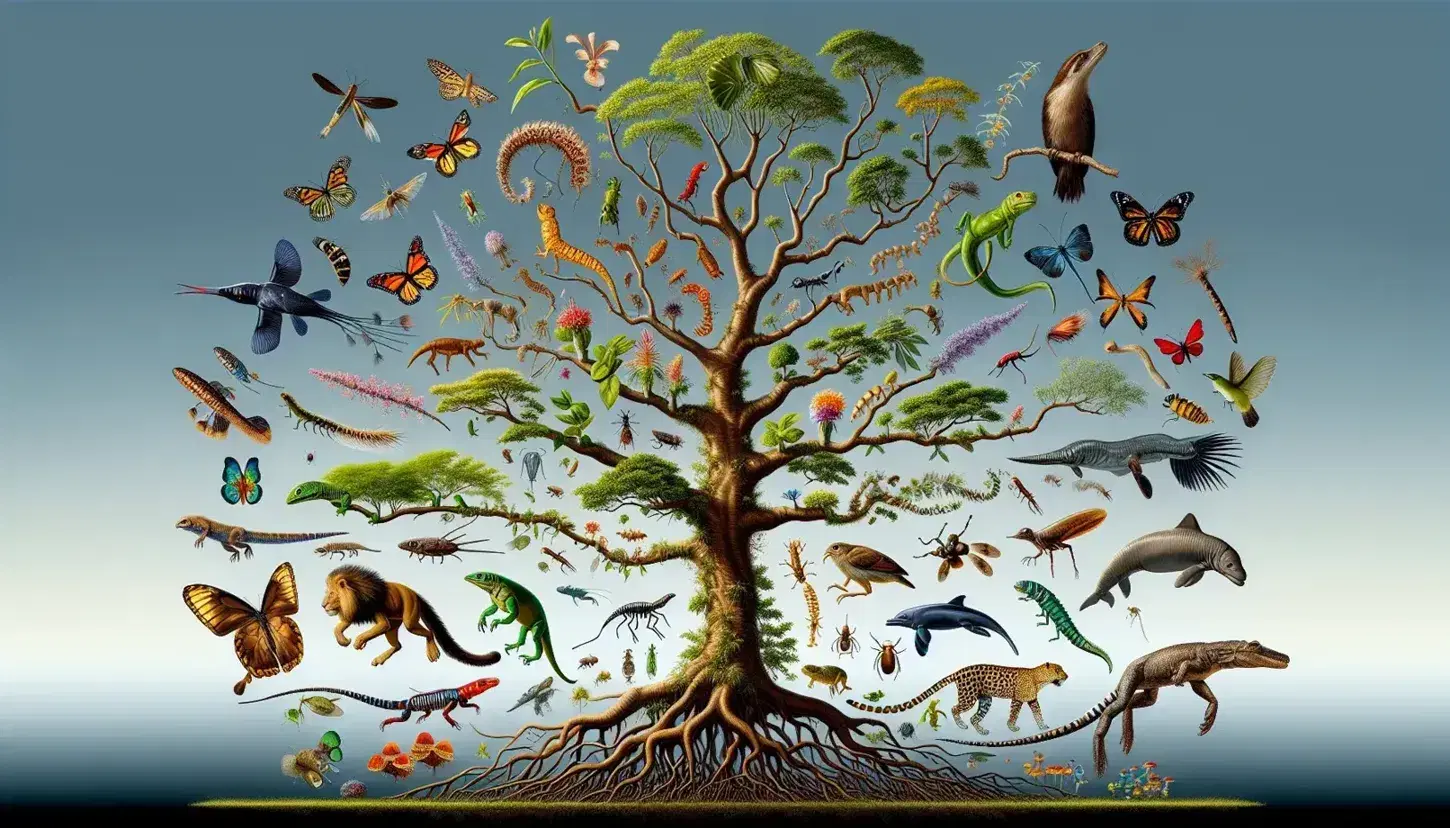 Albero filogenetico tridimensionale con specie viventi, da piante e insetti alla base a mammiferi come leoni e delfini in cima.