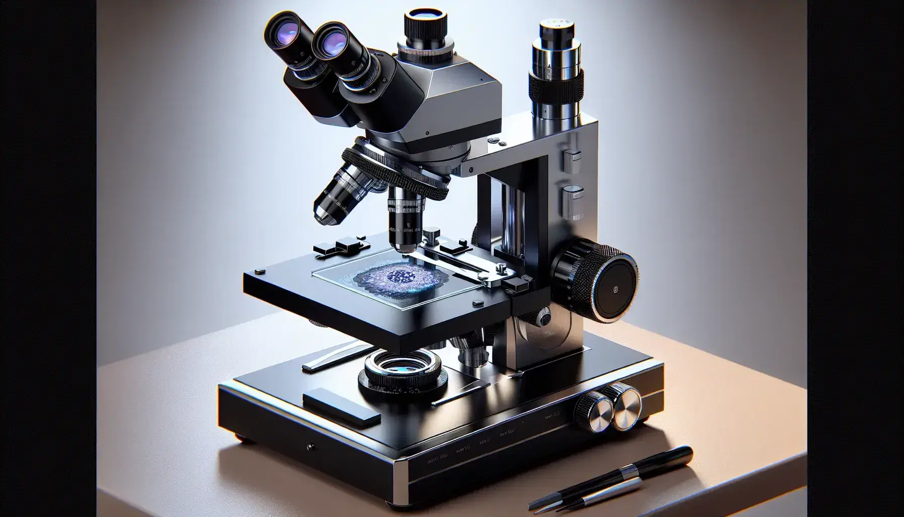 Microscopio óptico de diseño moderno en laboratorio con base negra, brazo metálico, ocular cilíndrico, revolver con tres objetivos y platina plateada con portaobjetos y preparado microbiológico teñido.