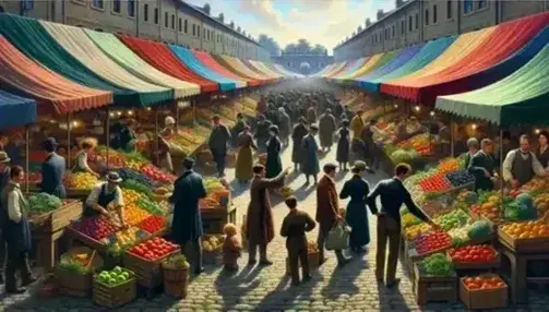 Mercado al aire libre con puestos de frutas, verduras y quesos, gente comprando y socializando en un día soleado.