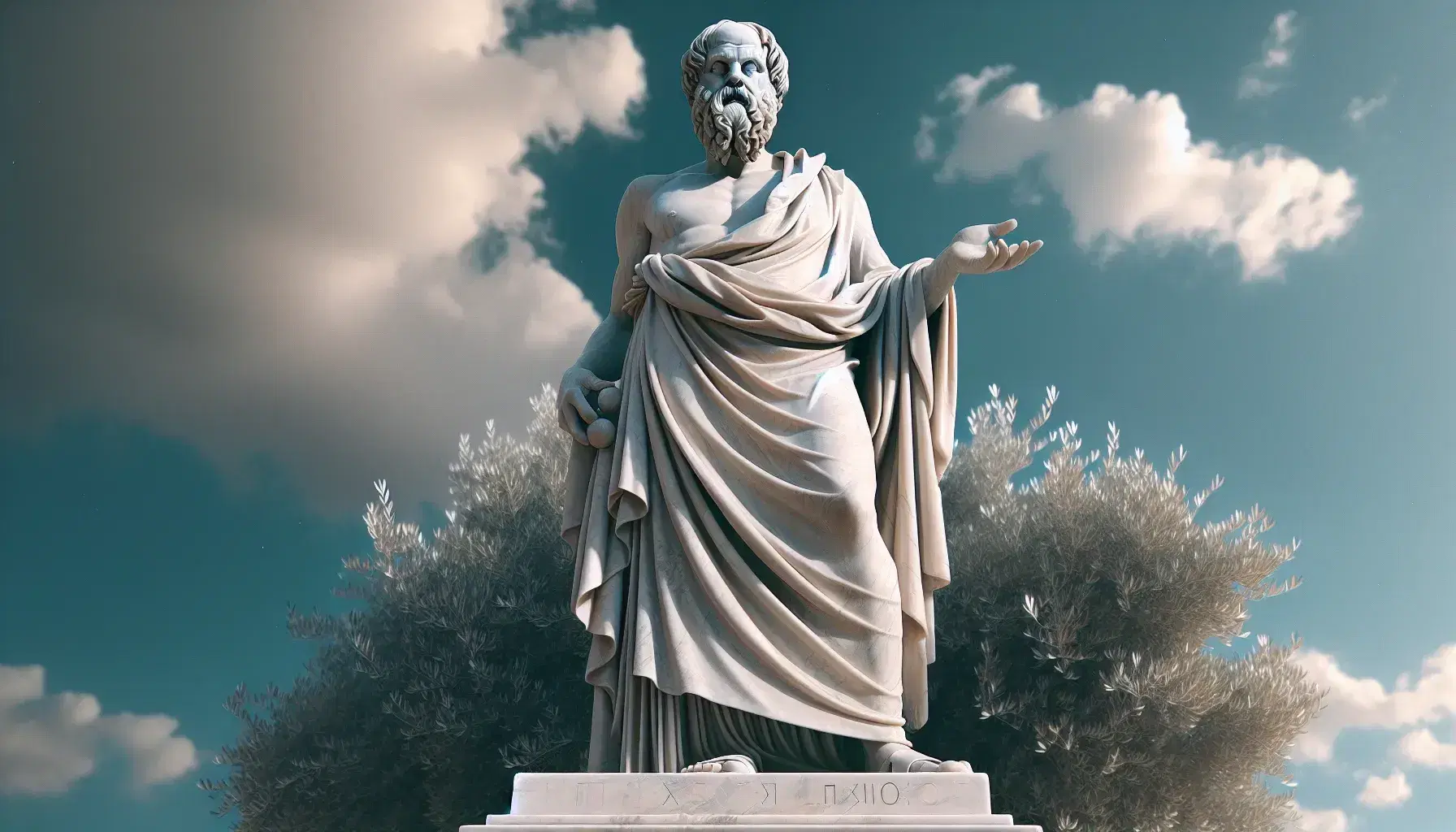 Estatua de mármol blanco de Sócrates de pie, con túnica y gesto de diálogo bajo cielo azul claro y junto a un olivo.