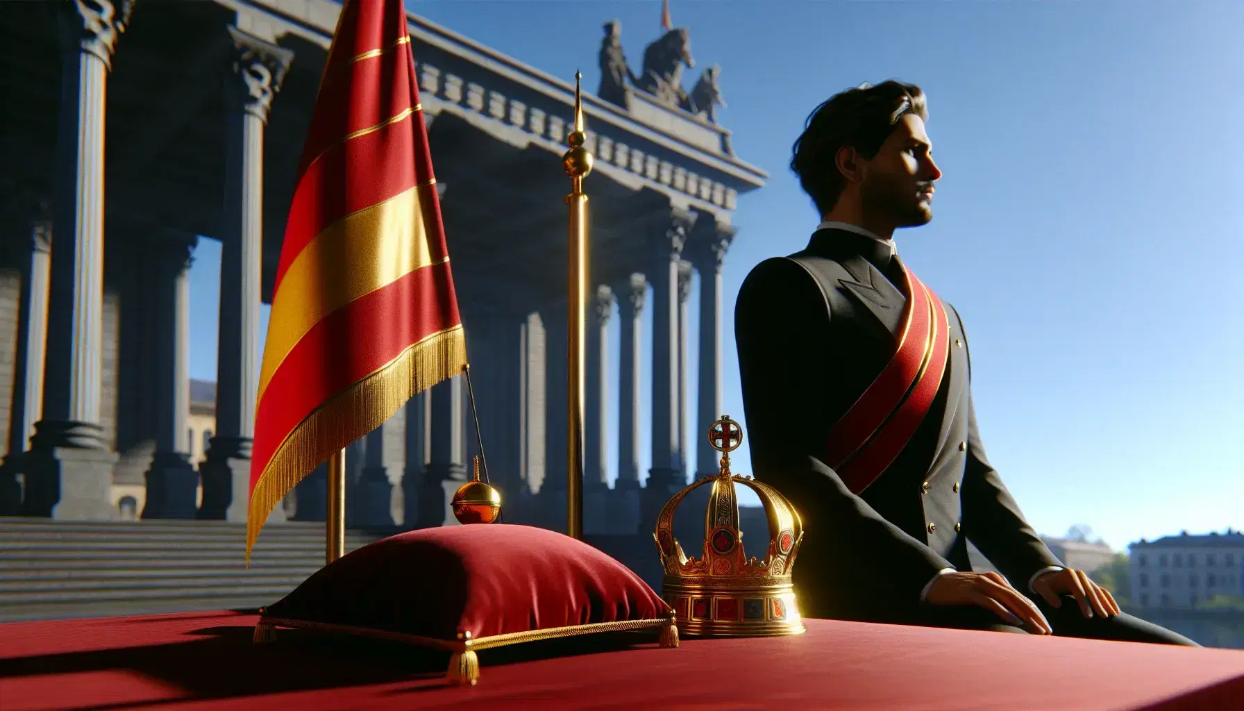 Hombre en traje formal con banda roja junto a bandera de España frente a edificio histórico, con corona dorada y cetro en primer plano.
