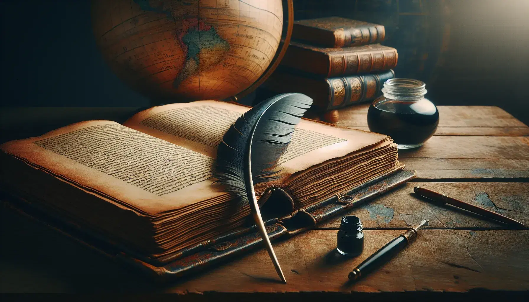 Antique open book on a wooden table with yellowed pages, alongside a quill pen and inkwell, with a blurred globe in the background, evoking a historical study ambiance.