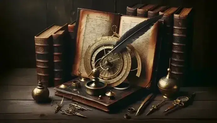 Collection of antique objects with open leather book, quill pen and brass inkwell, astrolabe and hourglass on wooden surface.