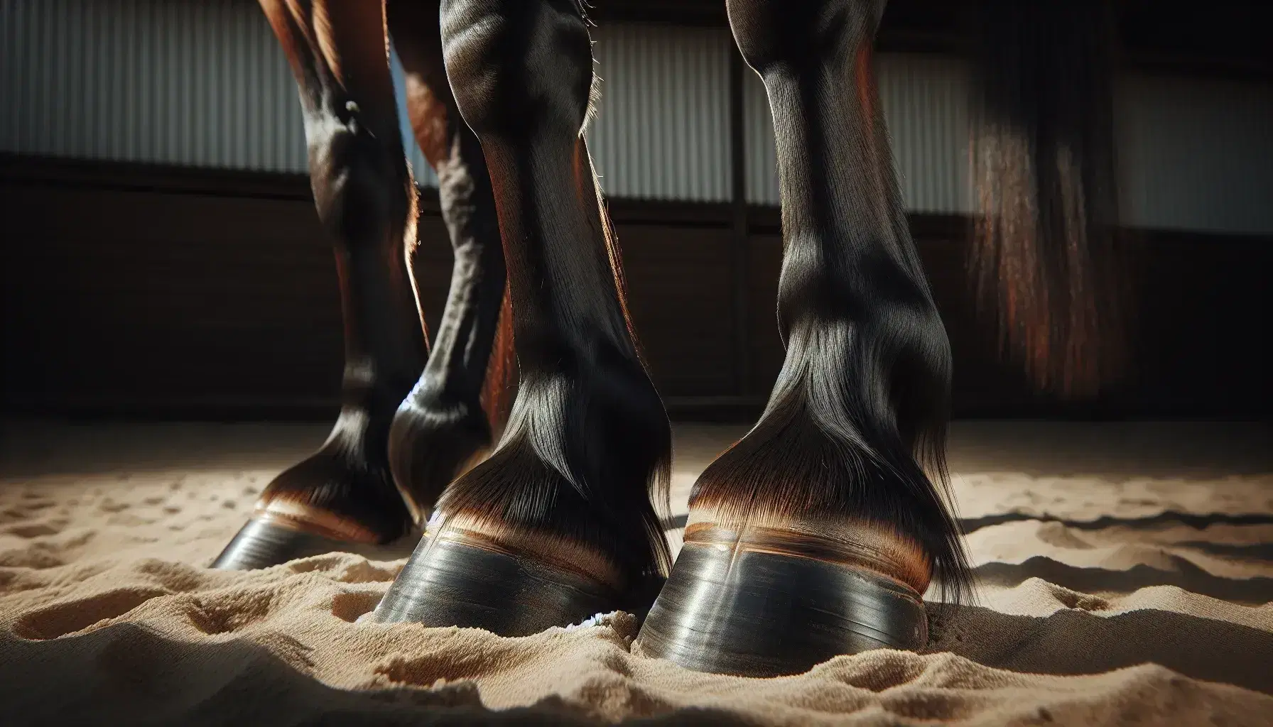 Primer plano de las patas de un caballo mostrando pezuñas limpias y cuidadas sobre arena beige compacta, con pelaje marrón oscuro y sin elementos distractores.