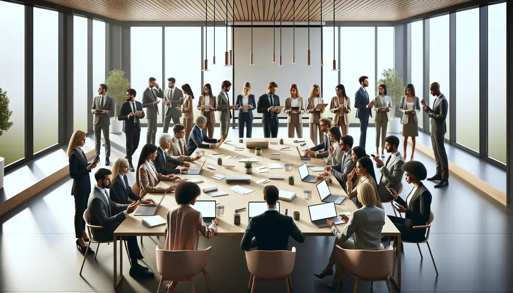 Grupo diverso de profesionales en reunión de trabajo en una sala iluminada con luz natural, utilizando dispositivos tecnológicos y discutiendo proyectos.