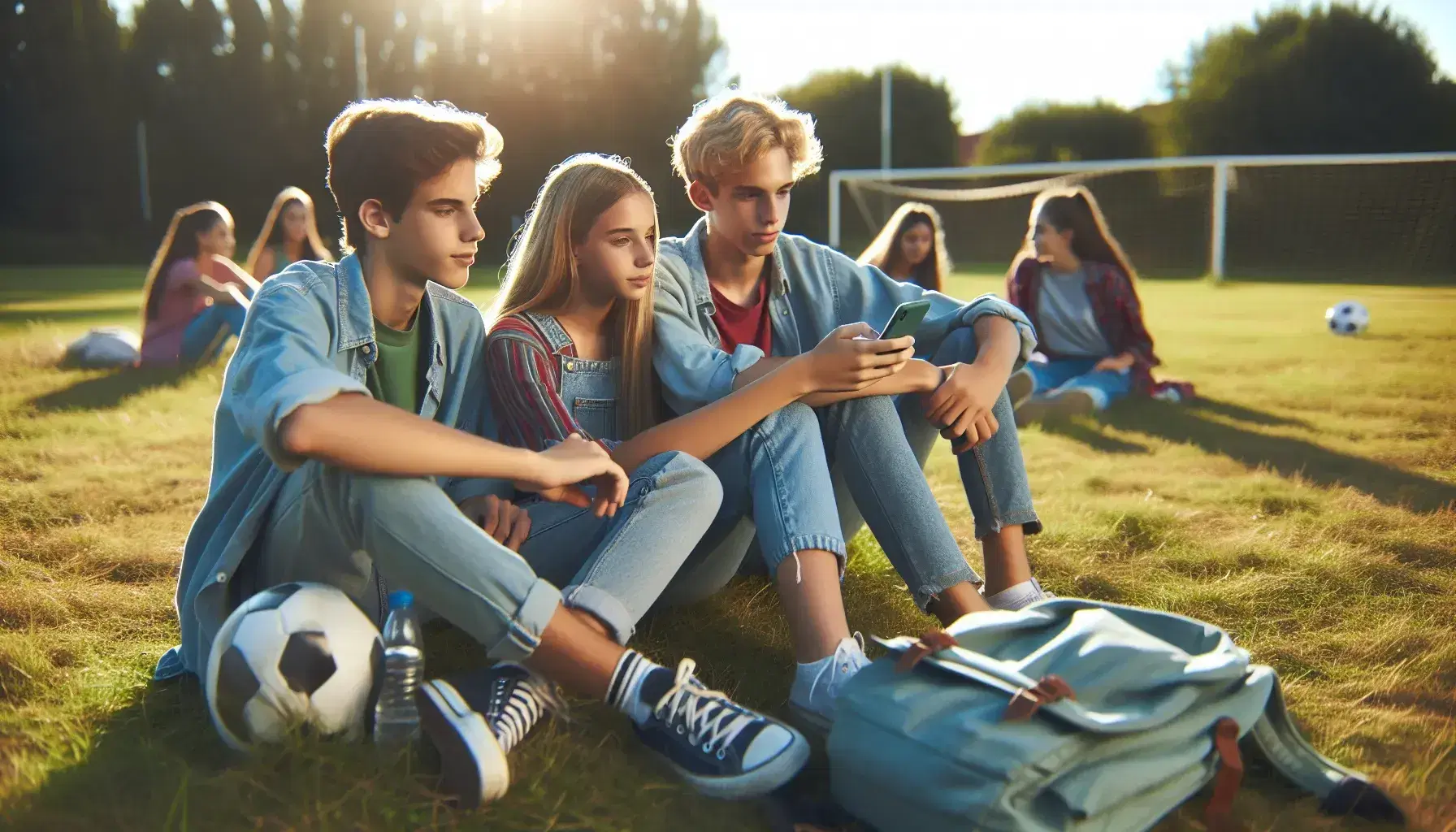 Three teenagers sitting on a lawn look at a smartphone together, with a backpack, a bottle of water, a notebook and a soccer ball nearby.