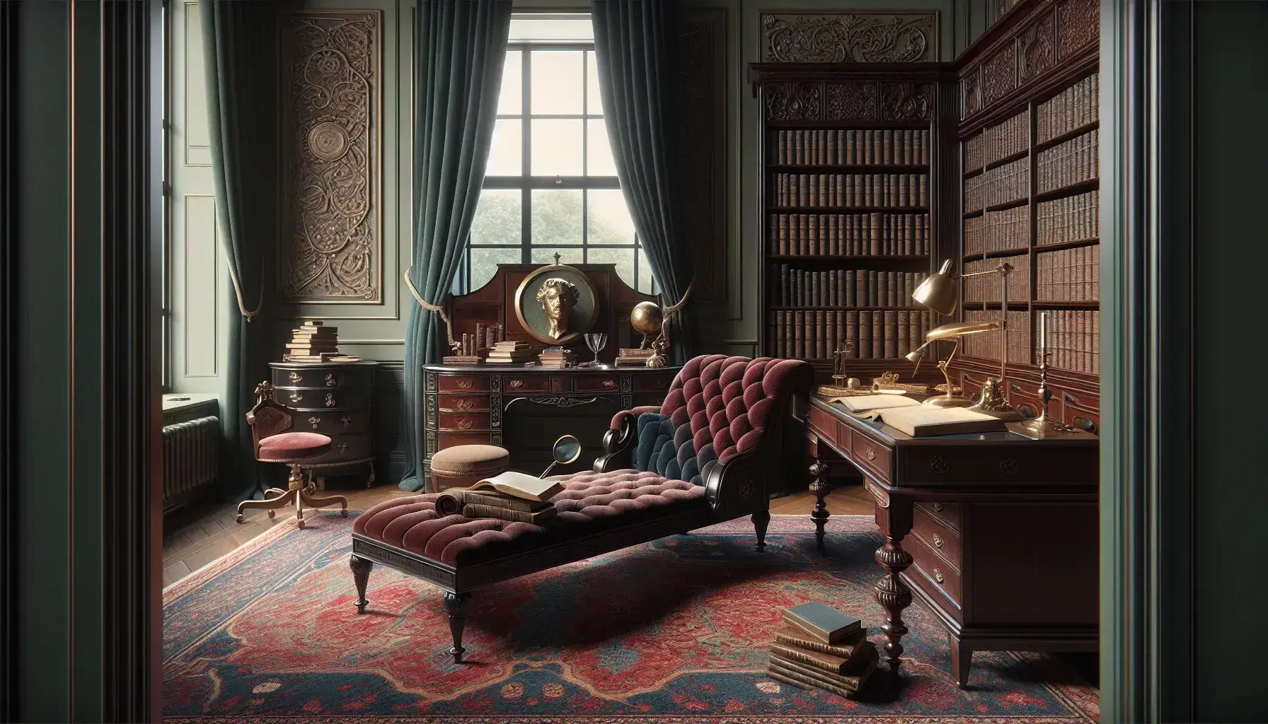 Early 20th century Viennese office with burgundy chaise longue, mahogany desk, brass lamp and bookcase full of bound volumes.