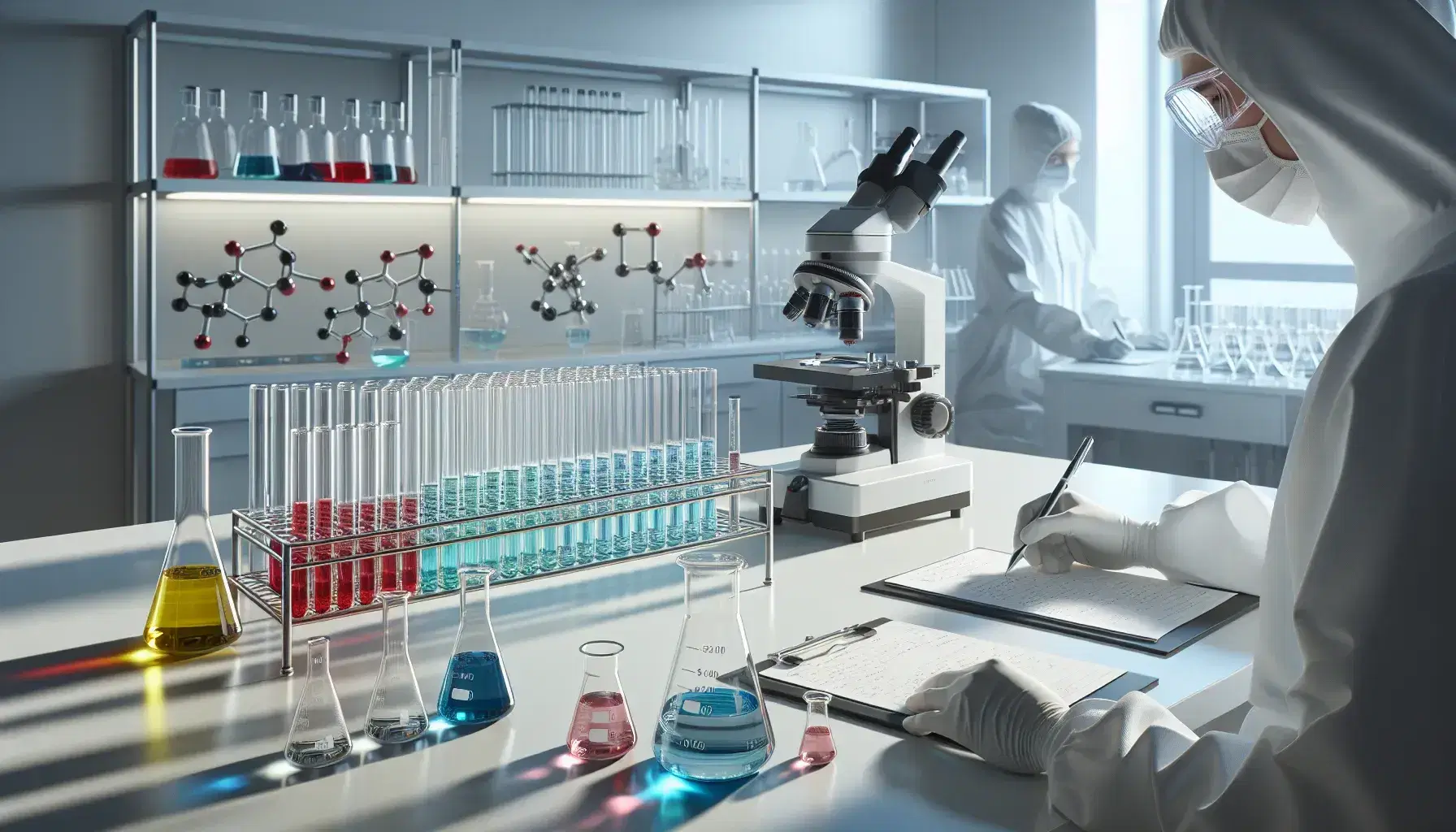 Laboratorio científico moderno con tubos de ensayo de colores, microscopio y científico anotando resultados, reflejando orden y limpieza.