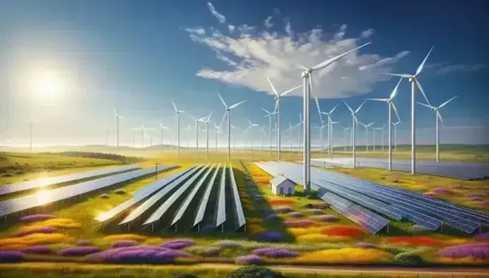 Green landscape with modern wind turbines and solar panels, house with panels on the roof, under a cloudless blue sky.