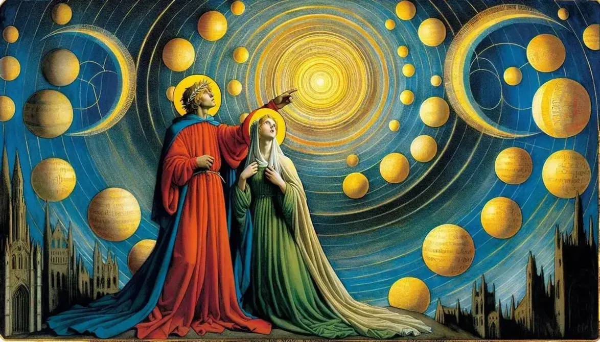 Dante in veste rossa e mantello blu e Beatrice in abito verde indicano sfere celesti dorate su sfondo cielo degradante blu.