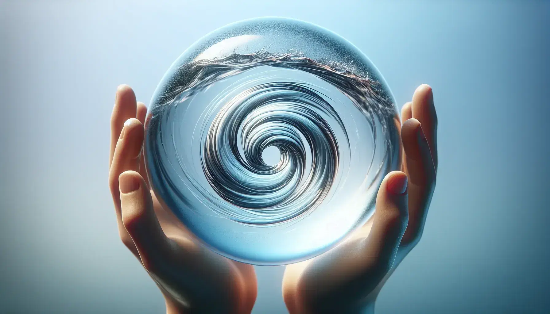Hands holding a spherical glass with a swirling water vortex inside, against a soft blue and white background, highlighting the clear water's motion.