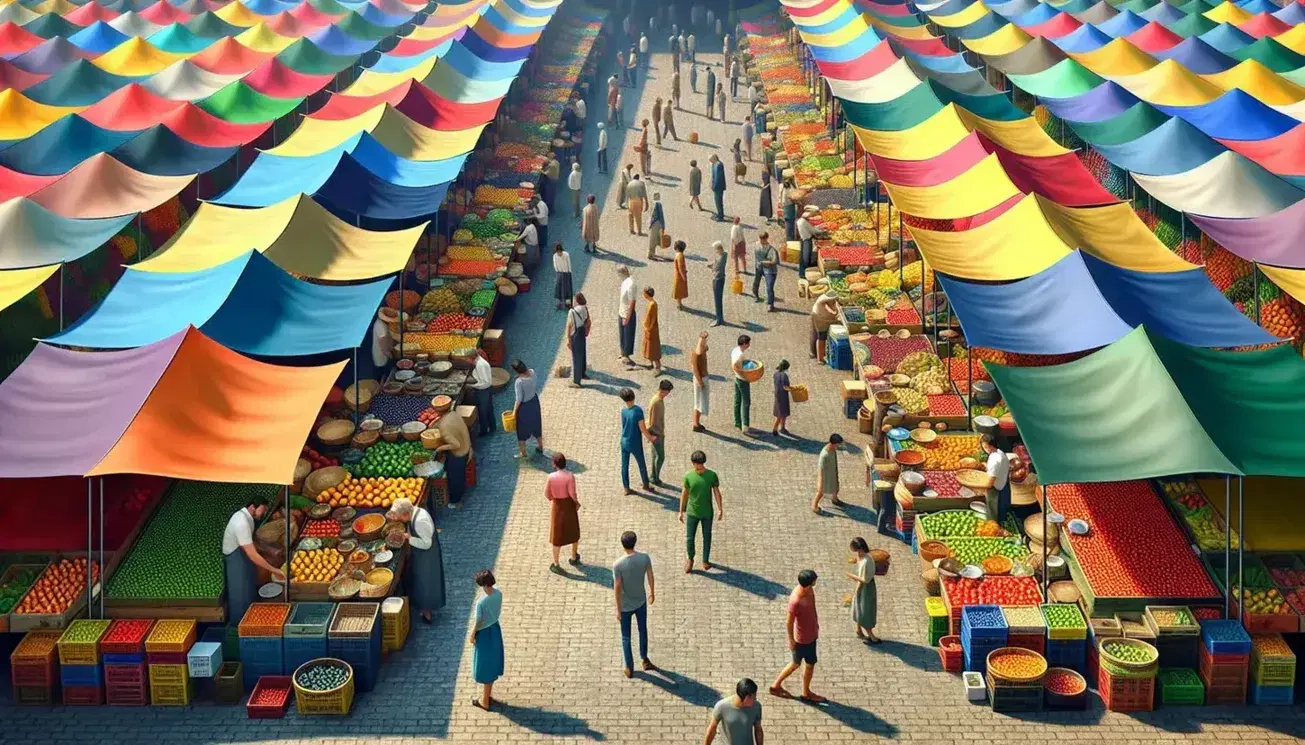 Mercato all'aperto con bancarelle colorate di frutta e verdura, persone che fanno la spesa e venditori al lavoro in una giornata soleggiata.
