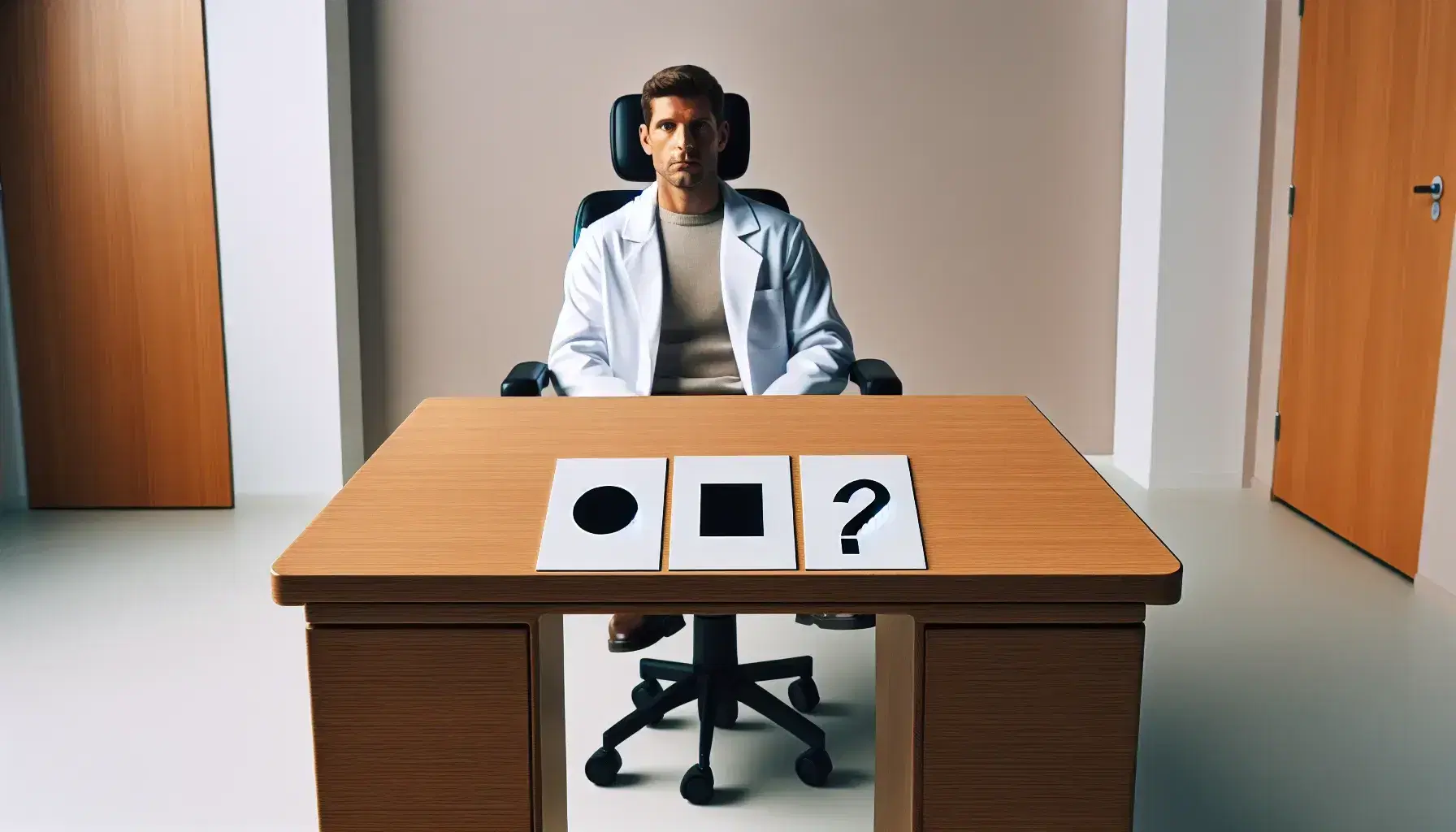 Neuropsychologist in white coat performs memory assessment with patient, using white papers with black geometric shapes on wooden table.