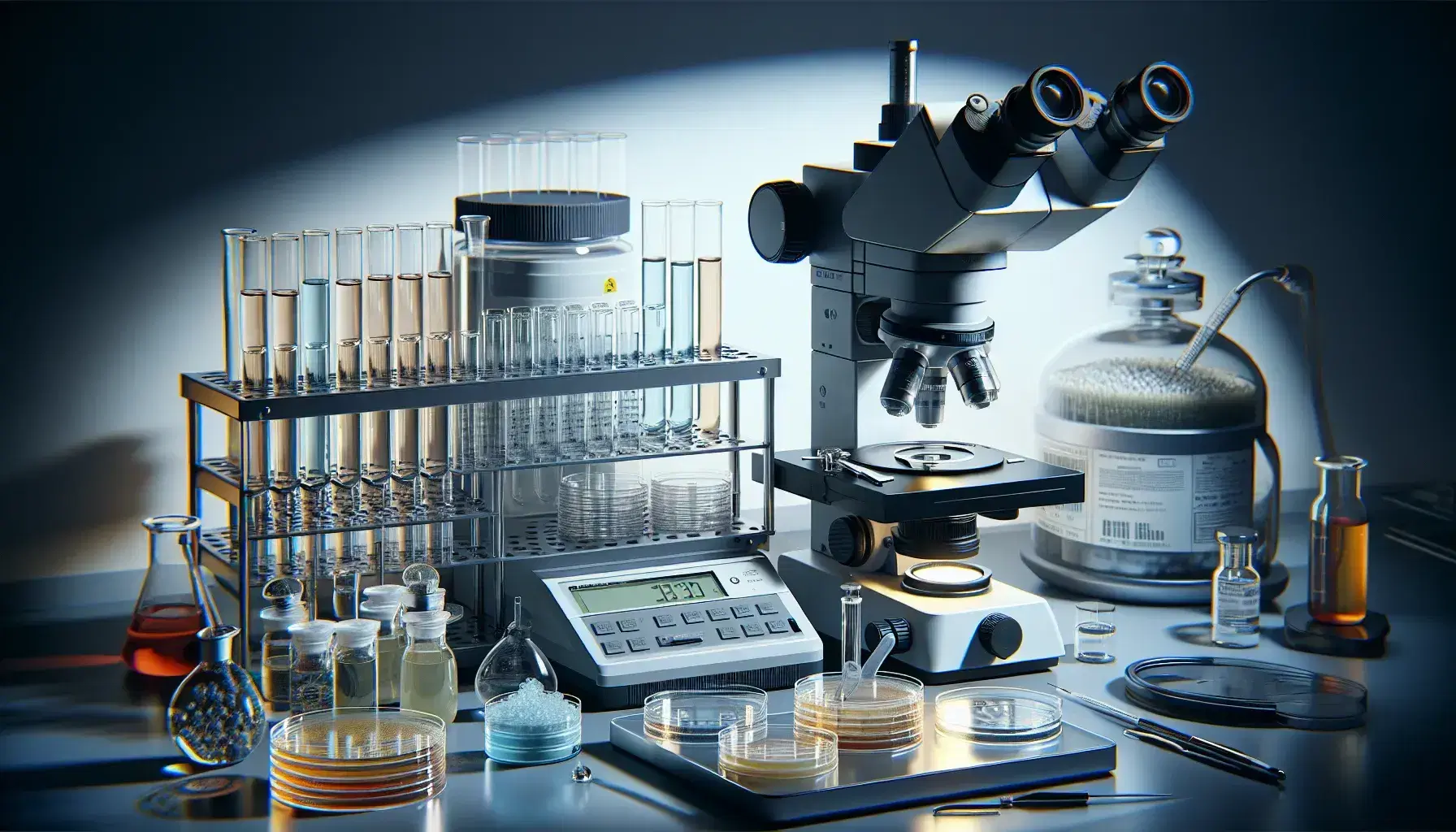 Escena de laboratorio con microscopio electrónico, Petri con medios de cultivo, tubos de ensayo con líquidos coloridos, pipeta automática y balanza analítica.