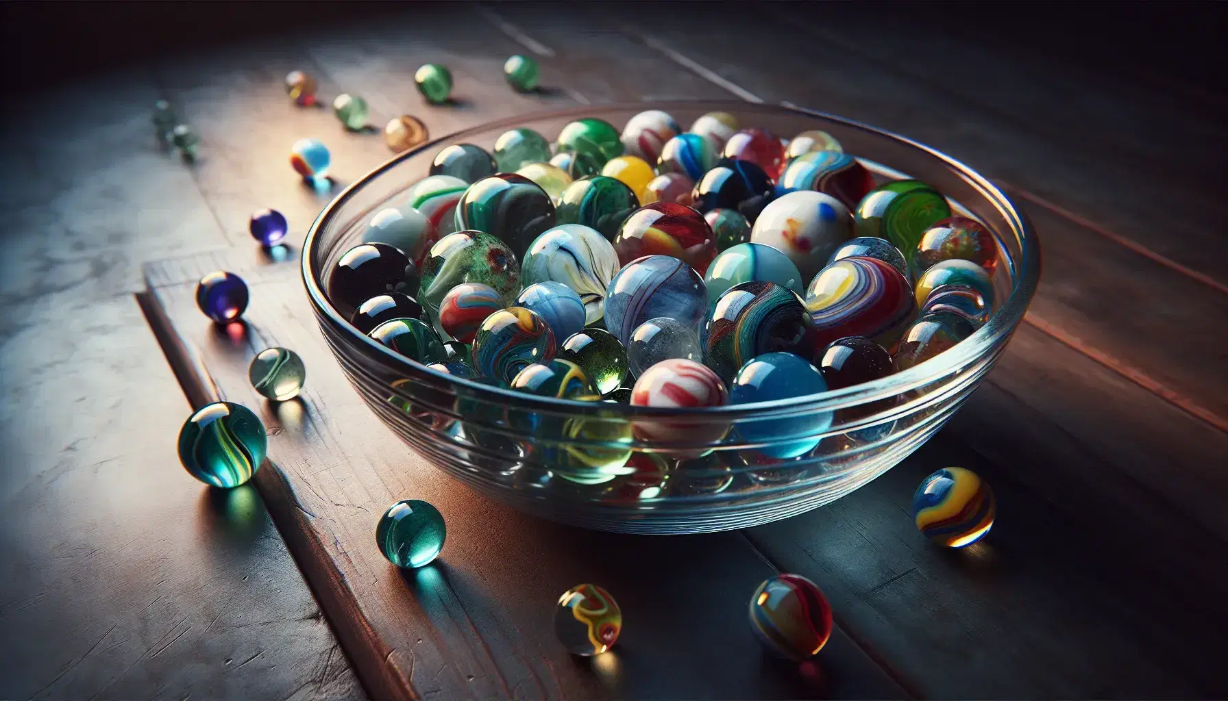 Colorful glass marbles with swirls and cat's eye designs in a clear bowl on a dark wooden surface, reflecting soft light.