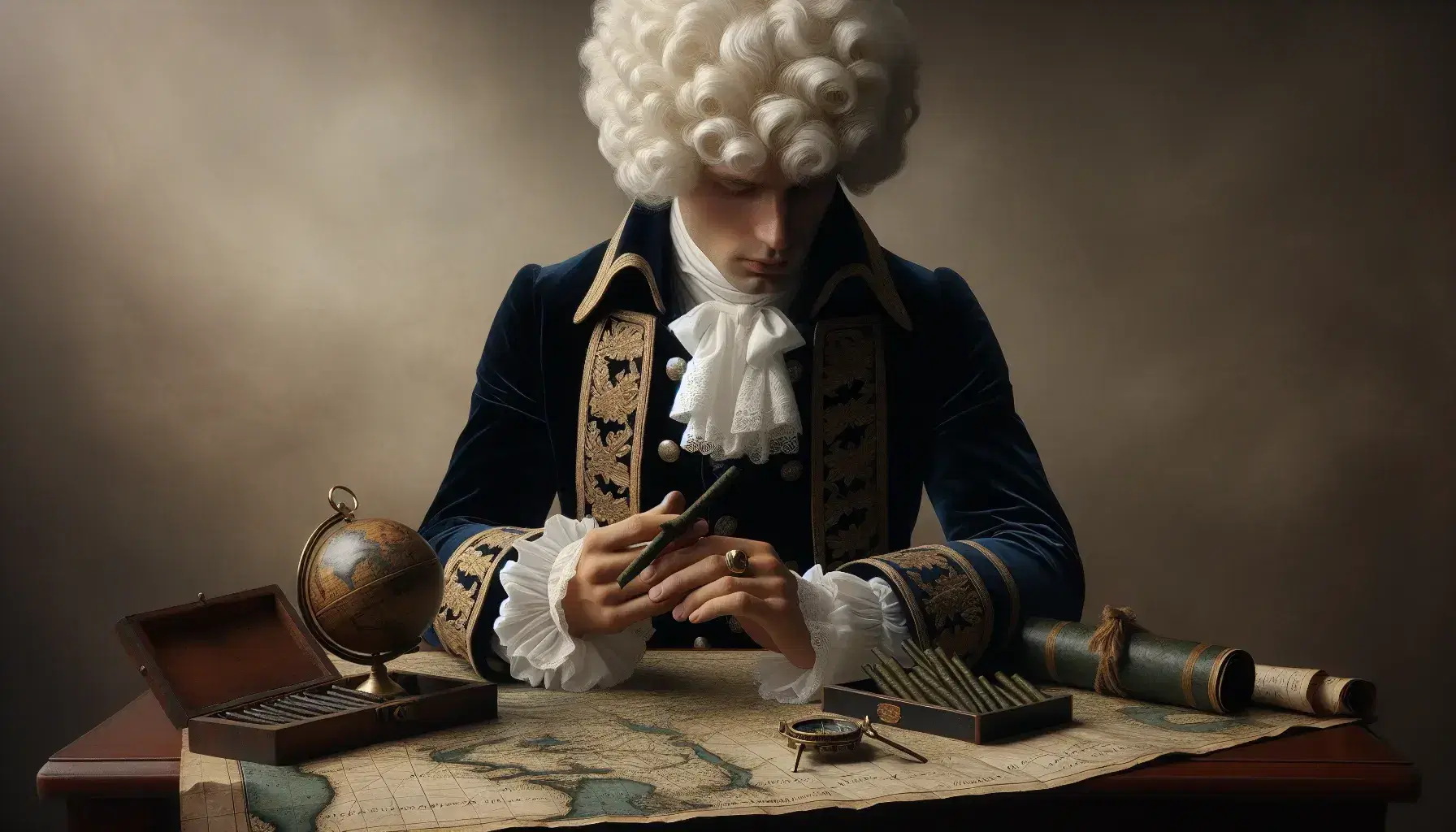 Retrato de hombre del siglo XVIII con peluca blanca y traje azul con bordados dorados, sosteniendo hojas de tabaco y junto a un mapa y un globo terráqueo en una mesa.