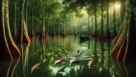 Pink Amazon River dolphins swim in calm waters of the Várzea forest, with indigenous canoes and lush vegetation.