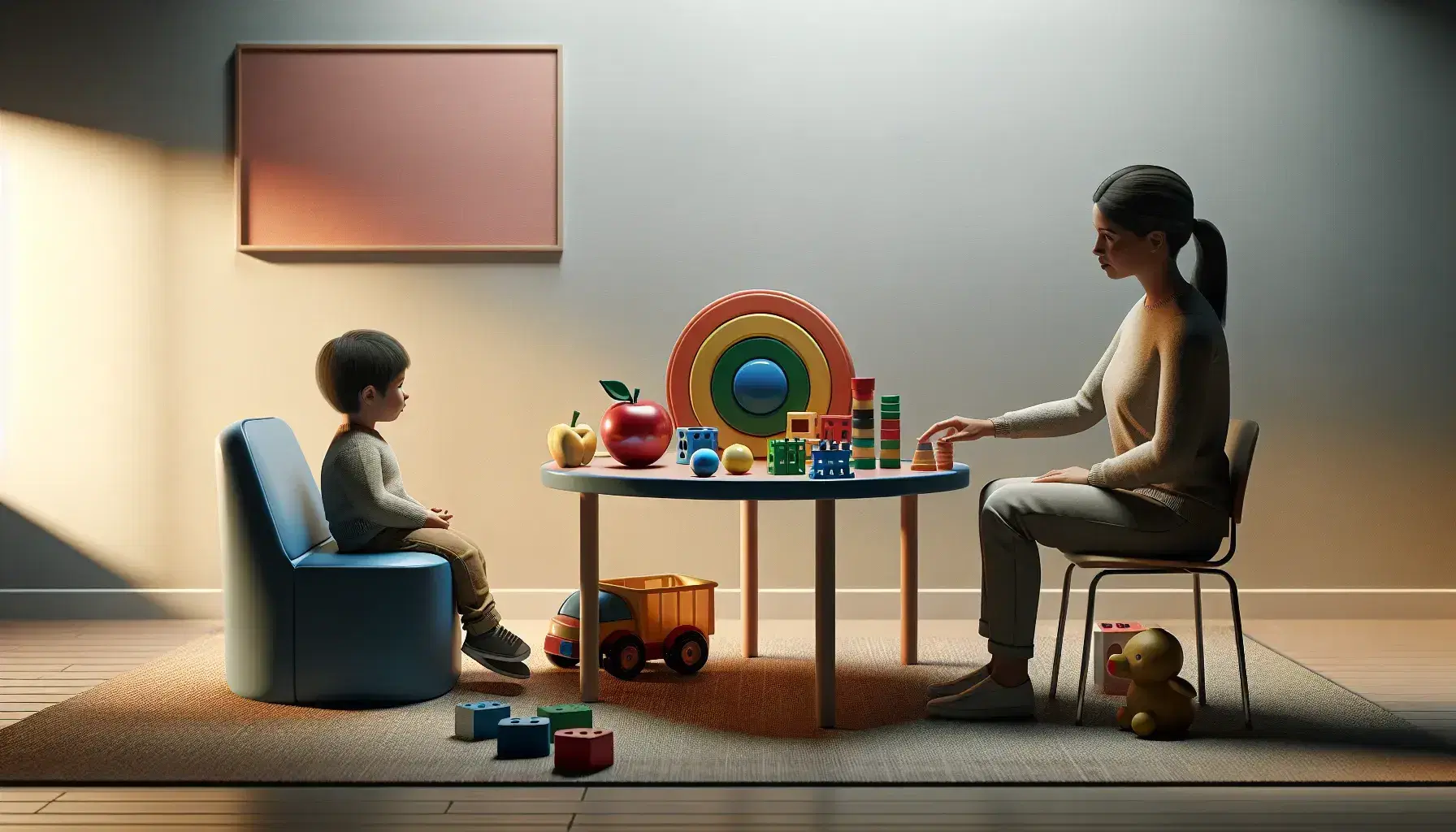 Speech therapist and child engage in therapy session with colorful educational toys on a table, including a red ball and yellow car.
