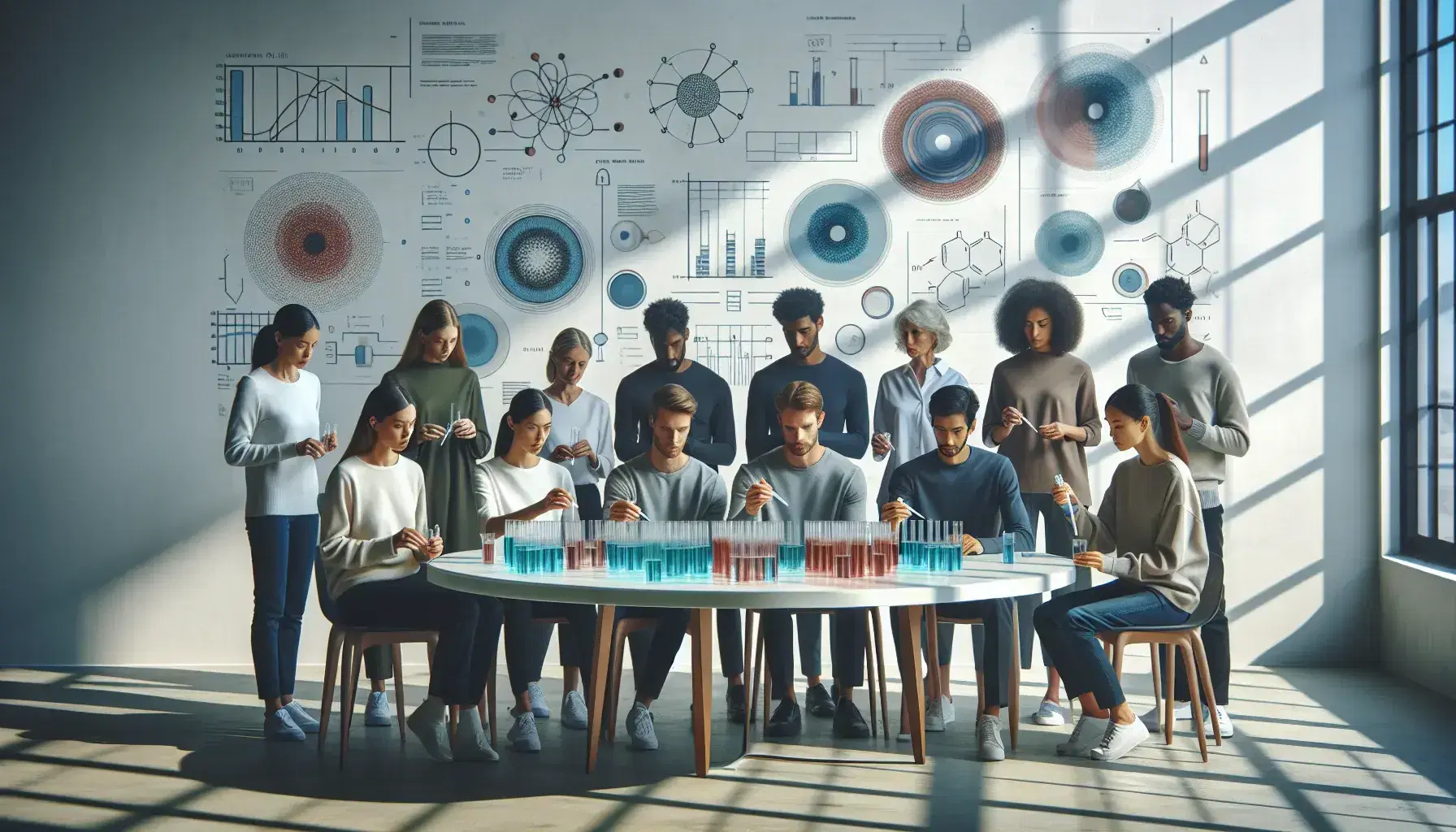Grupo diverso colaborando en experimento de laboratorio con tubos de ensayo y pipetas, en un ambiente iluminado y sin textos visibles.