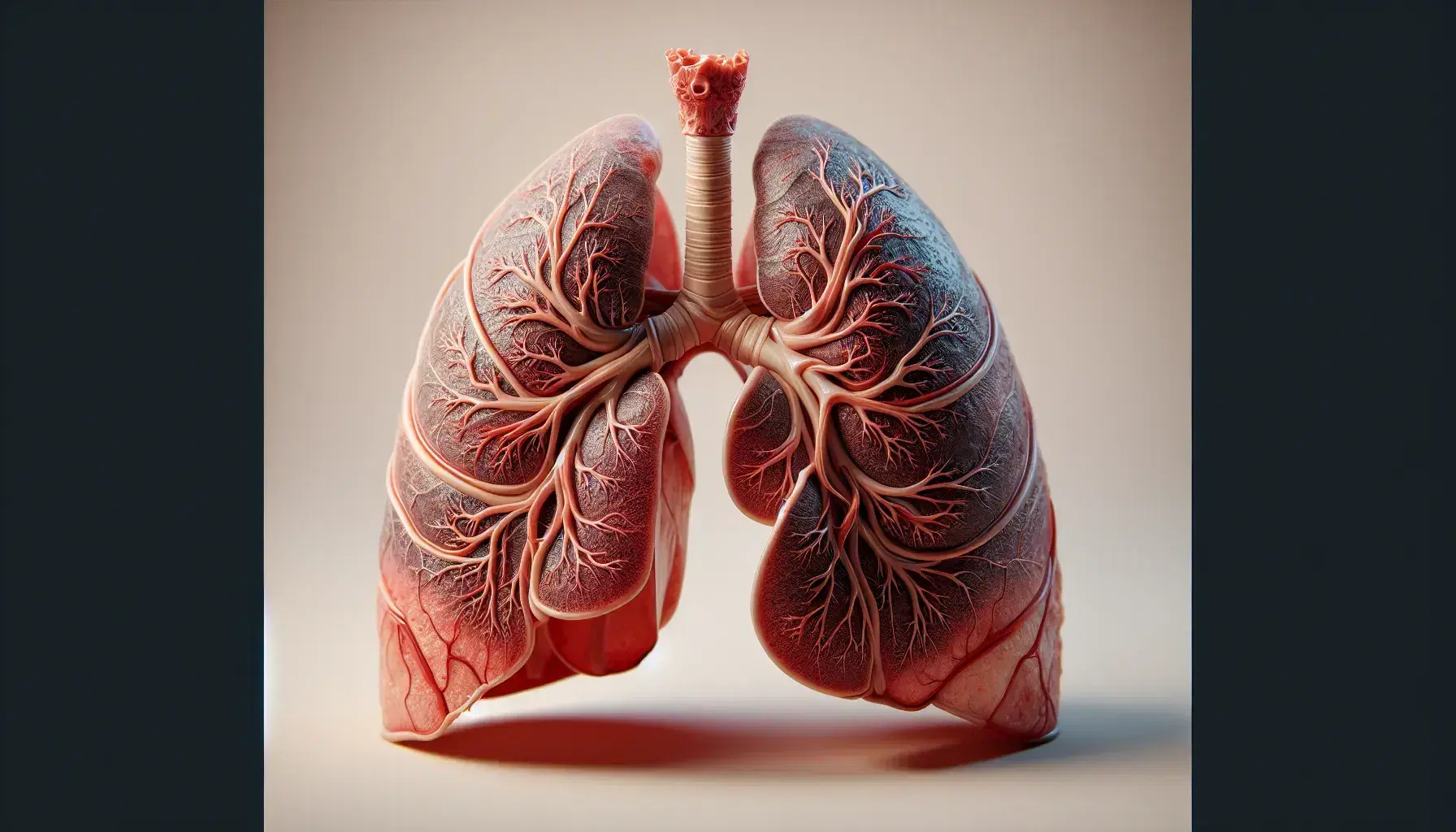 Modello anatomico dettagliato di polmone umano con trachea e bronchi evidenziati, sfumature di rosso e aree bluastre che indicano edema polmonare.