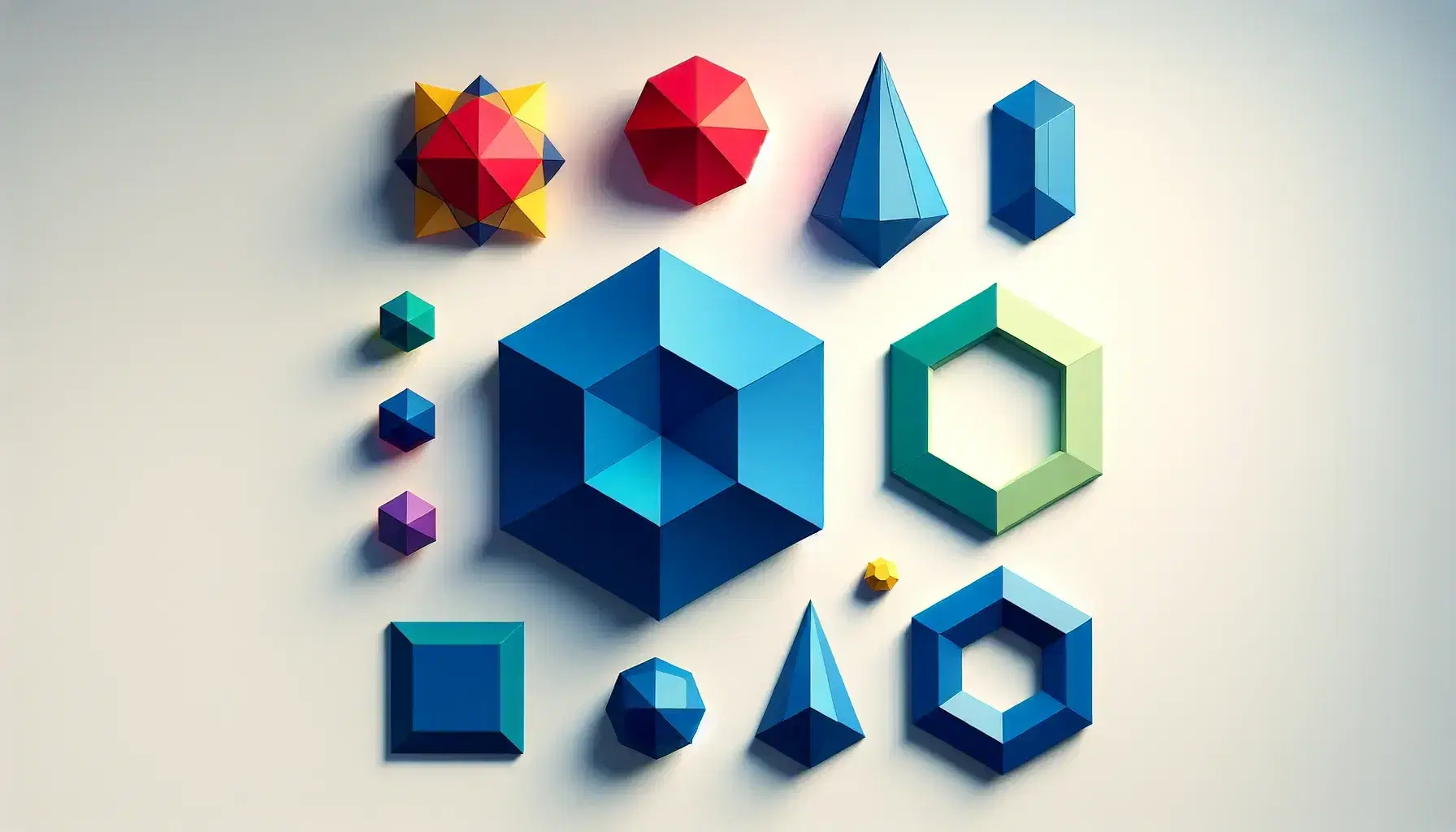 Collection of regular polygons on white background, featuring a central blue pentagon, adjacent red hexagon, green octagon above, yellow triangle below, and purple square to the left.