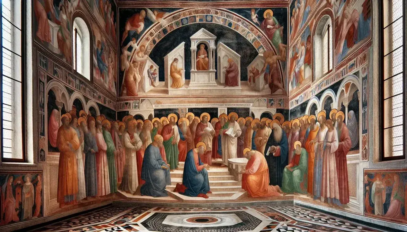 Affresco di Giotto nella Cappella degli Scrovegni a Padova, con scene della vita di Gesù o Maria, colori caldi e dettagli architettonici.