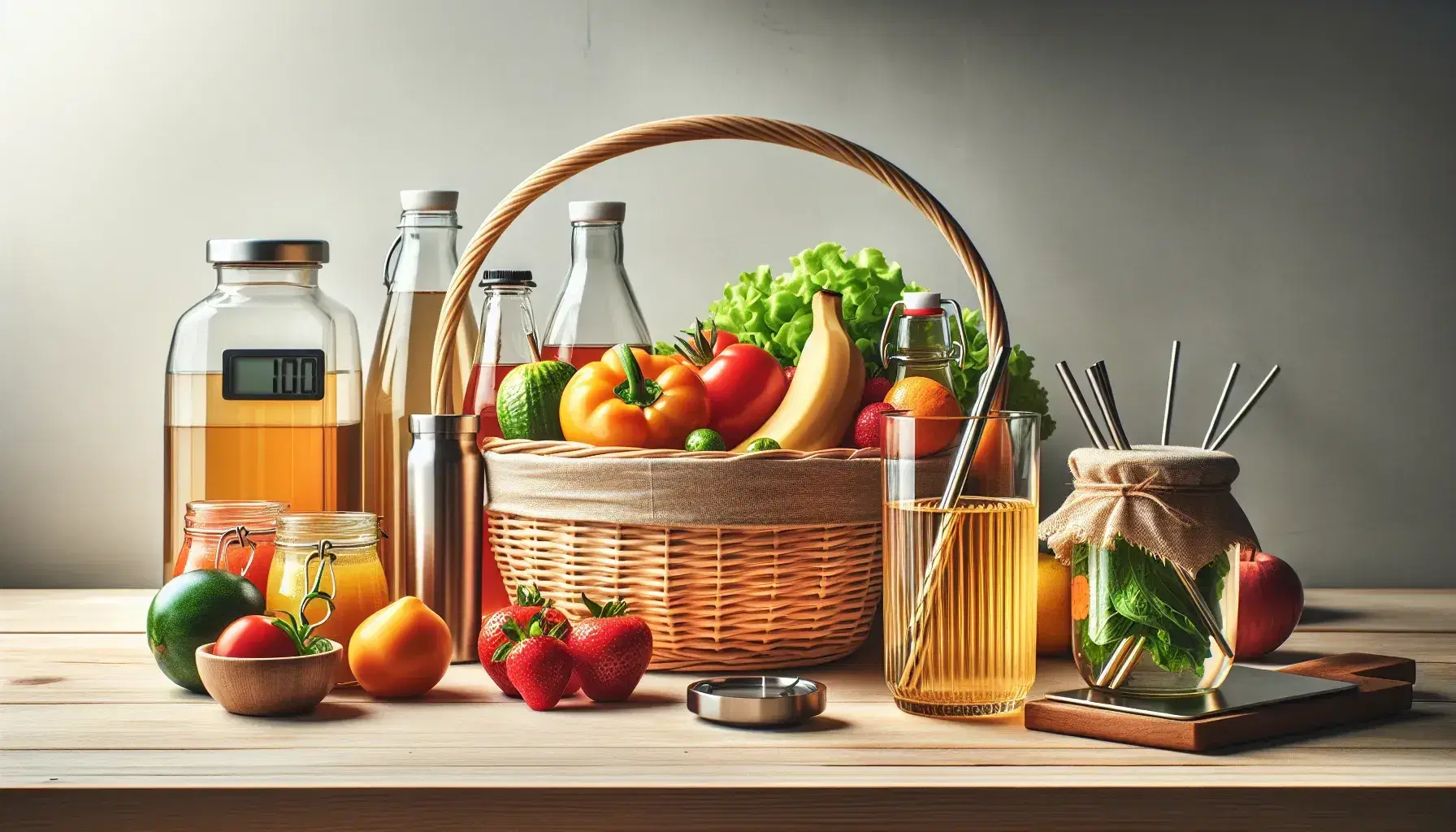 Mesa de madera con cesta de frutas y verduras frescas, botella de jugo sellada, vasos con nectares coloridos y utensilios de cocina, en ambiente limpio y ordenado.