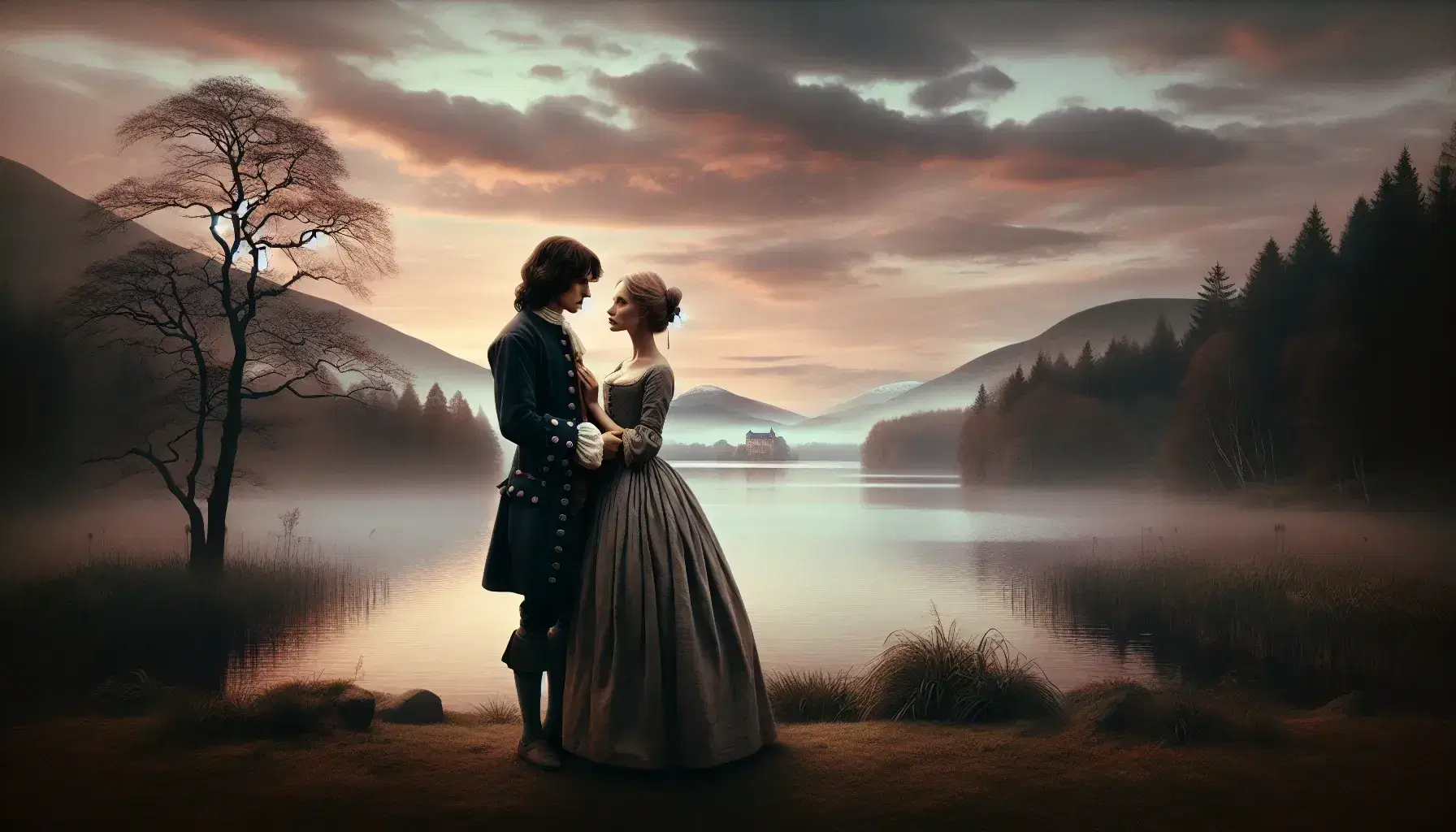 Giovane coppia in abiti del XVII secolo si abbraccia in un paesaggio romantico con lago, montagne nebbiose e tramonto dorato.