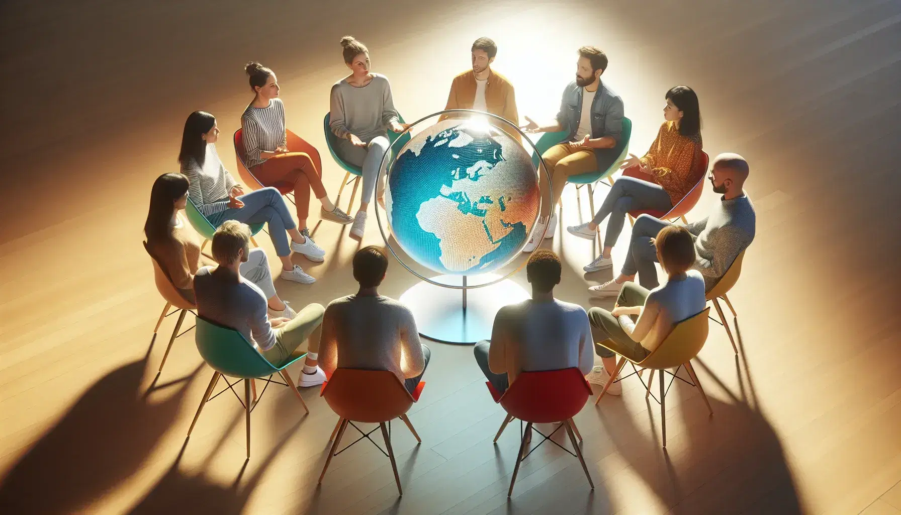 Gruppo di cinque persone in cerchio su sedie colorate discutono attorno a un globo, esprimendo interesse e connessione globale.