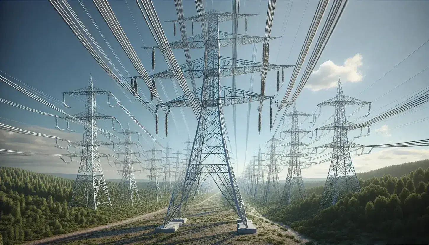 Torres de alta tensión metálicas en paisaje natural con cables extendiéndose en líneas rectas bajo cielo azul con nubes dispersas.