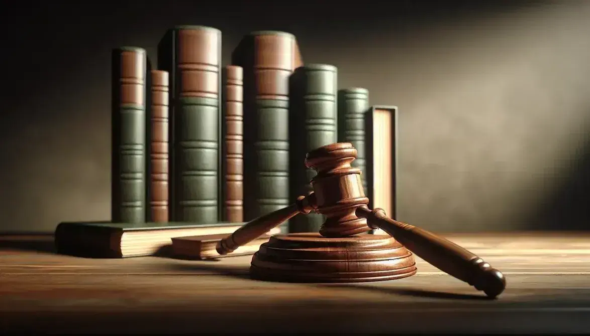 Wooden gavel on sound block with stack of green legal books in background, symbolizing law and justice, in a professional setting.