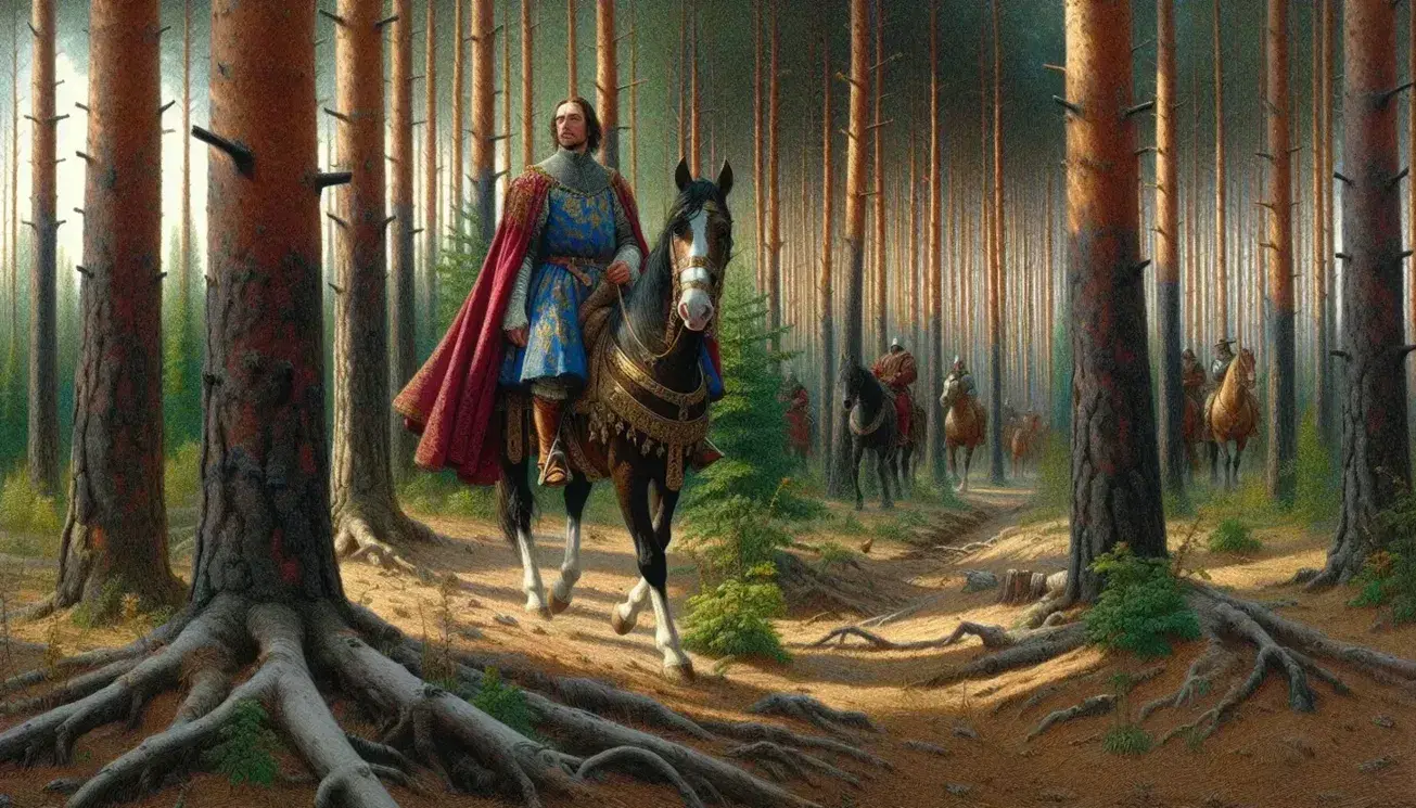 Uomo in abiti medievali rossi e blu cammina meravigliato in una foresta di pini con cavallo bruno e luce solare filtrante.