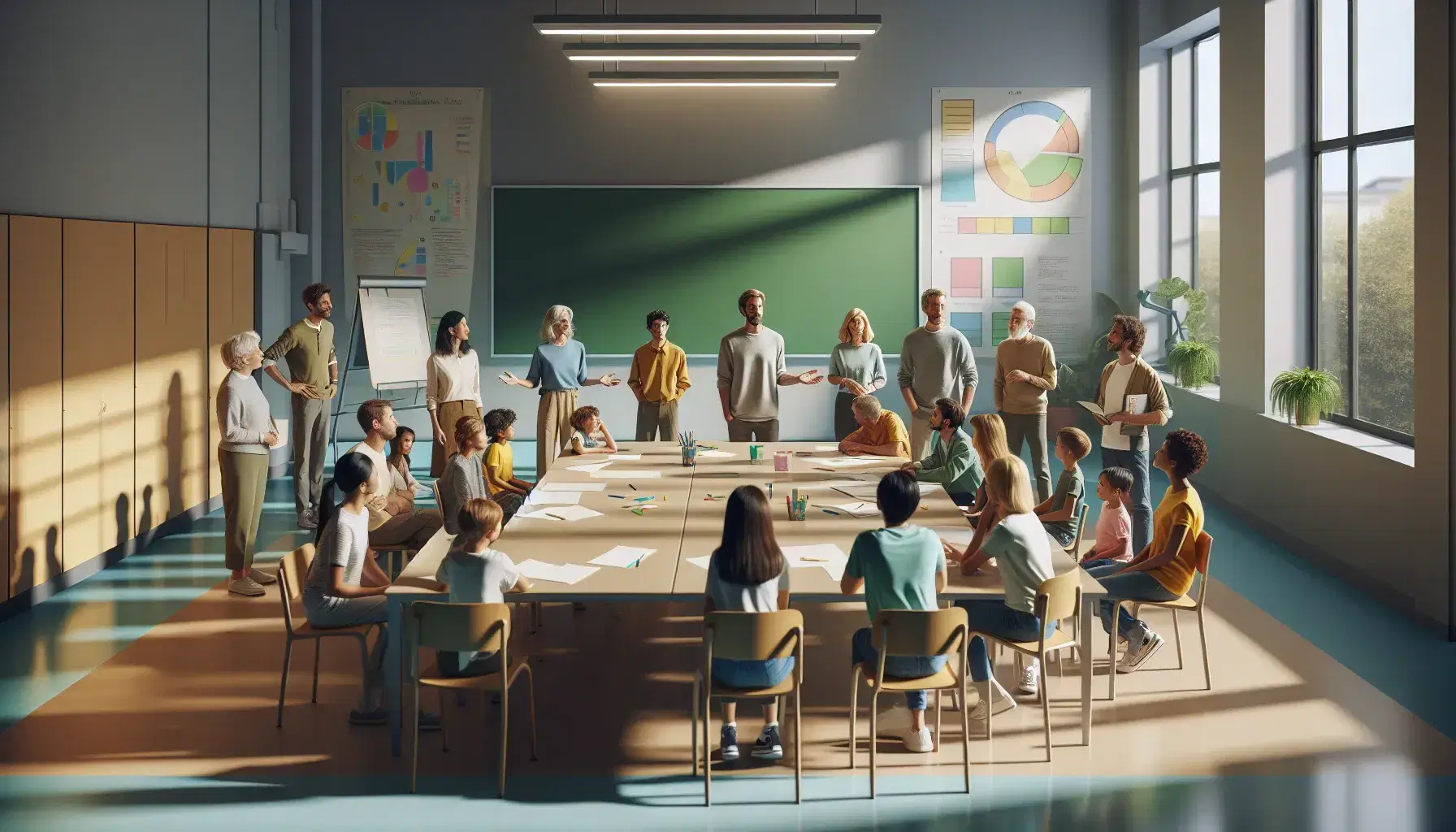 Grupo diverso de adultos y niños participando en una actividad educativa alrededor de una mesa en un aula iluminada, con pizarrón verde y posters coloridos.
