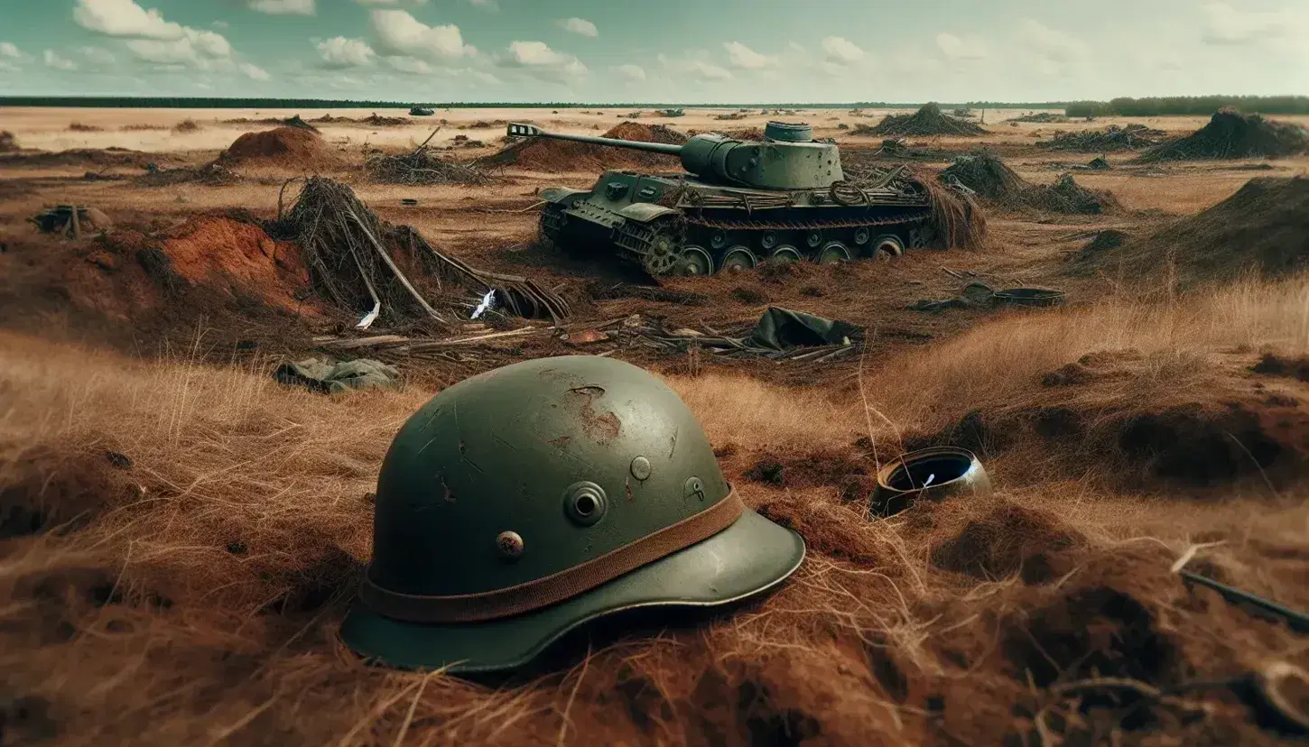 Casco militar en un campo de batalla abandonado con cráteres y un tanque en ruinas entre vegetación bajo un cielo azul con nubes.