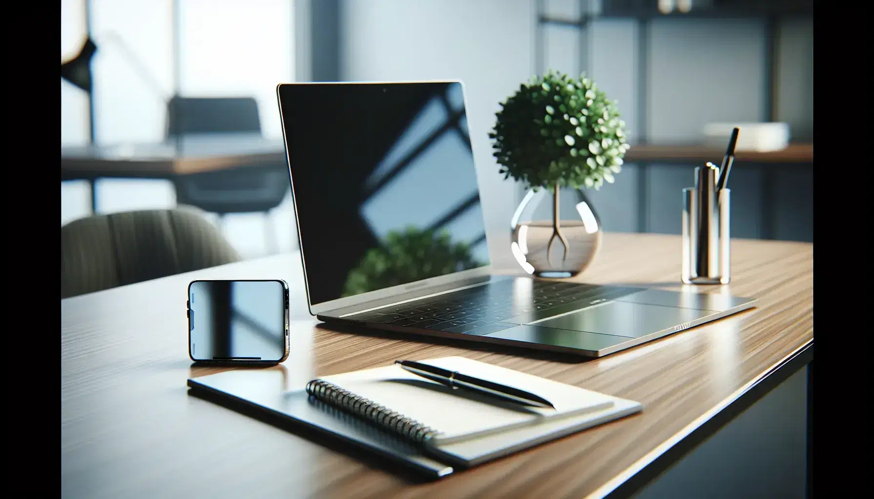 Modern office desk with a silver laptop, smartphone, blank notebook with a black pen, and a glass vase with a green plant, reflecting a professional setting.