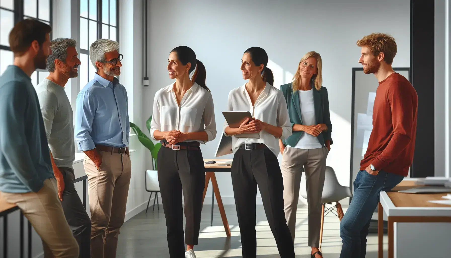 Grupo diverso de profesionales interactuando en una oficina moderna y luminosa, con una mujer sonriente sosteniendo una carpeta en el centro.