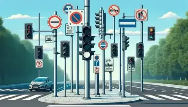 Incroci stradali con semaforo spento, segnali di divieto e obbligo vuoti, attraversamento pedonale e auto ferme.