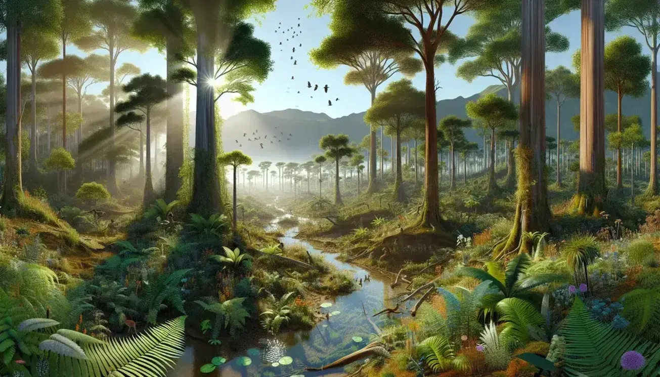 Vista panorámica de un ecosistema forestal con arroyo, árboles frondosos, montañas al fondo y aves volando en un cielo azul claro.